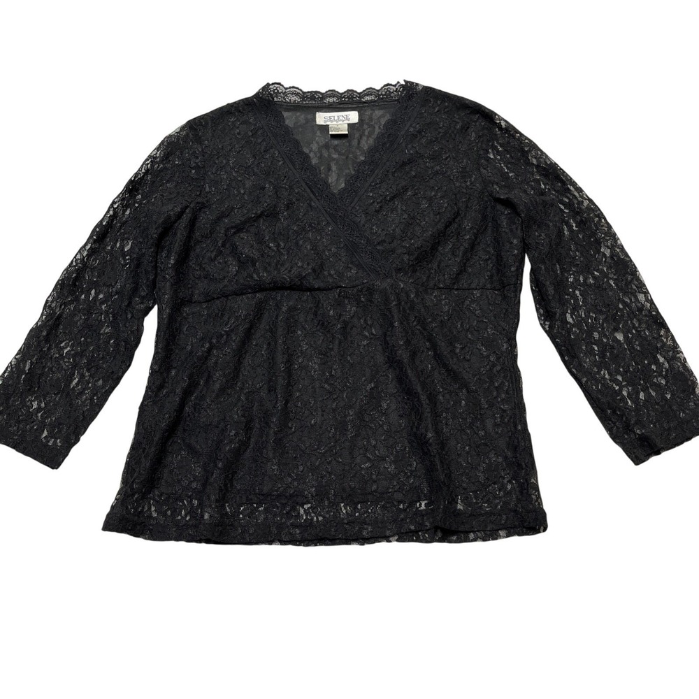 Vintage Selene Y2K Top Womens L Black Sheer Lace Babydoll VNeck Fairy Whimsigoth